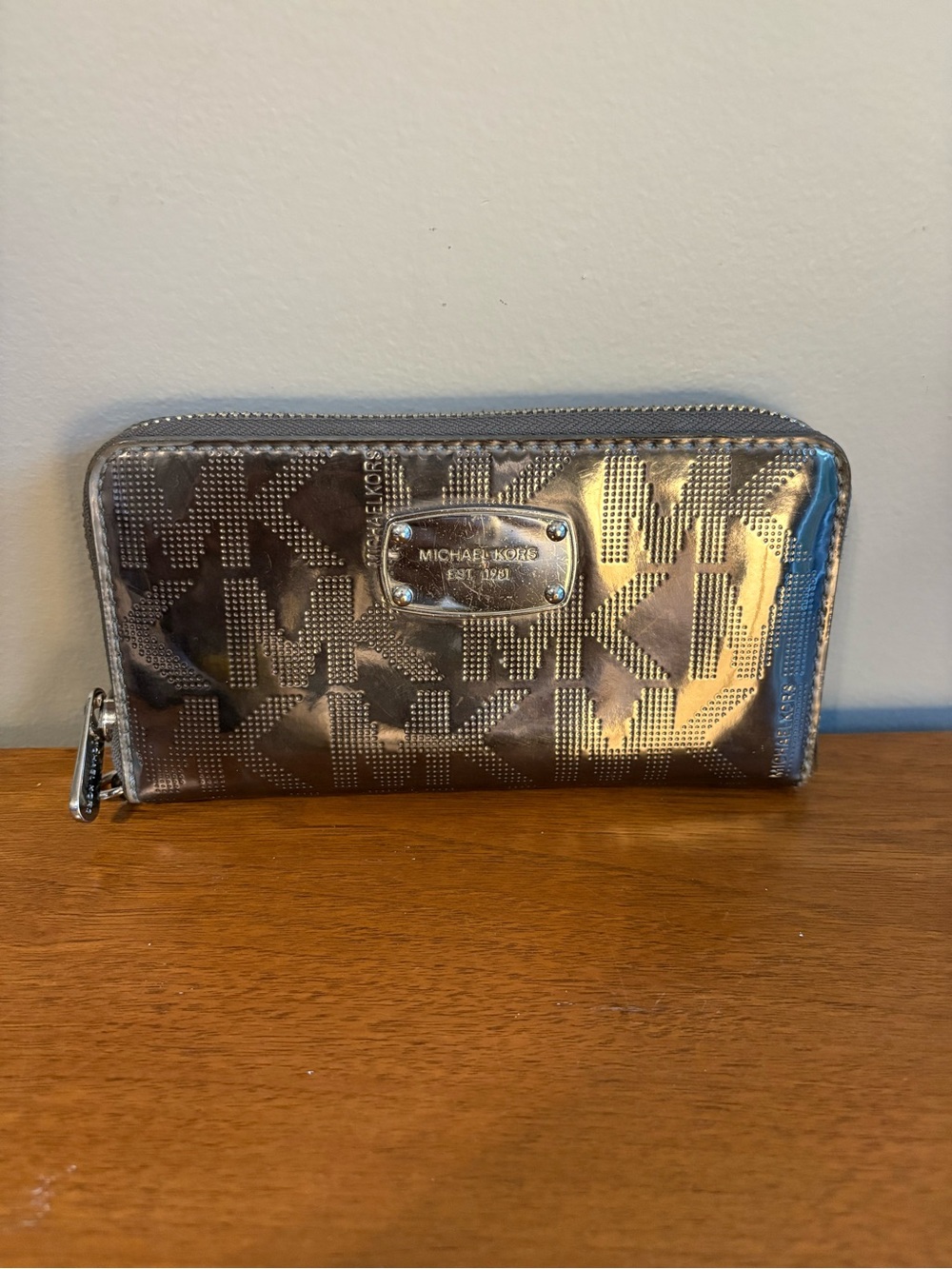 Michael Kors Shiny Silver MK Logo Zip Wallet